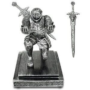Knight Pen Holder with a Sword Desk Decor Kneeling Medieval Soldier Pencil Stand